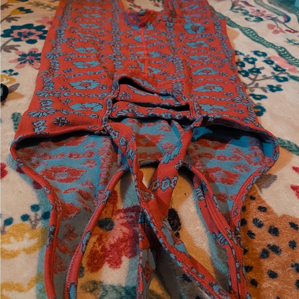 Free People Red and Blue Patterned Jumpsuit